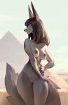  2023 anthro areola bonifasko breasts brown_hair canid canine desert female fur genitals green_eyes grey_body grey_fur hair hi_res mammal navel nipples nude outside pussy pyramid smile solo 