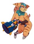  angela_cross anthro boots brown_markings clothing female footwear fur garbatge gloves gun hair handwear lombax mammal markings nipples orange_body orange_fur ponytail ranged_weapon ratchet_and_clank smile solo sony_corporation sony_interactive_entertainment weapon 