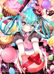  1girl absurdres apron bangs blush box breasts candy_hair_ornament chocolate_hair_ornament cleavage cupcake detached_collar dress fingernails food food-themed_hair_ornament from_above hair_ornament hat hatsune_miku heart heart-shaped_box heart_hair_ornament highres koyubisennti long_fingernails looking_at_viewer macaron medium_breasts mini_hat mini_top_hat nail_polish necktie outstretched_arms pink_eyes plaid plaid_dress power_symbol-shaped_pupils puffy_short_sleeves puffy_sleeves short_sleeves solo top_hat twintails valentine vocaloid waist_apron whisk wrapped_candy 