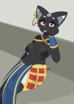  absurd_res anthro black_body black_fur breasts clothed clothing domestic_cat ear_piercing egyptian egyptian_clothing felid feline felis female fur hi_res looking_at_viewer mammal max_draws nipples piercing simple_background sitting smile solo tarahe topless 