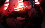  1boy 1girl bakaouzi999 beanie expressionless fur_trim hat highres ia_(vocaloid) jacket long_hair looking_at_viewer medium_hair one_eye_closed red_theme sheath sheathed shirt smile sword very_long_hair vocaloid vy2 weapon 