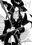  1other 3_sa_sa absurdres androgynous ascot bird black_hair black_headwear crow fingerless_gloves gloves guilty_gear guilty_gear_strive hat highres looking_at_viewer monochrome other_focus scythe testament_(guilty_gear) top_hat 
