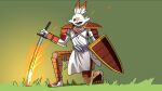  16:9 ambiguous_gender anthro armor clothed clothing colored drawfee drawfee_(copyright) facial_tuft fire fully_clothed generation_8_pokemon grass hi_res hindpaw humanoid_hands julia_lepetit melee_weapon nintendo one_eye_closed open_mouth open_smile paws plant pokemon pokemon_(species) scorbunny shaded shield smile solo sword tunic weapon widescreen 
