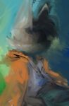  abstract_background anthro canid canine clothing disco_elysium ears_up hi_res hidden_eyes key_rooki looking_at_another male mammal orange_clothing solo unknown_character 