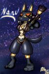  2021 absurd_res ankh anthro anubian big_breasts black_body black_fur black_sclera breasts character_name cleavage clothed clothing egyptian_clothing female frown fur generation_4_pokemon hi_res kuperseeper lucario nintendo orange_eyes paws pokemon pokemon_(species) pupils purple_background signature simple_background slit_pupils solo stretching_arms 