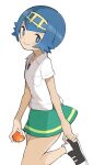  1girl artist_request bangs black_footwear blue_eyes blue_hair blush bright_pupils closed_mouth collared_shirt cosplay green_skirt hairband highres holding holding_poke_ball lana_(pokemon) lass_(pokemon) lass_(pokemon)_(cosplay) leg_up looking_at_viewer no_sclera poke_ball poke_ball_(basic) pokemon pokemon_(anime) pokemon_sm_(anime) shirt shoes short_hair simple_background skirt smile socks solo white_background white_pupils white_shirt white_socks yellow_hairband 