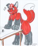  absurd_res anthro black_body black_ears black_fur black_nose black_paws canid canine floppy_ears fluffy fluffy_tail fox fur hair hi_res inner_ear_fluff jesam_(jesam) mammal multicolored_body multicolored_fur nonbinary_(lore) nude plushie purple_eyes red_body red_fox red_fur red_hair skytea solo tail traditional_media_(artwork) tuft white_body white_fur white_inner_ear_fluff 