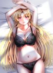  1girl armpits ass_visible_through_thighs bare_arms bed_sheet black_bra black_panties blonde_hair blush bra breasts cleavage collarbone fate_testarossa from_above groin hair_tubes highres large_breasts long_hair looking_at_viewer lying lyrical_nanoha mahou_shoujo_lyrical_nanoha navel on_back open_mouth panties red_eyes solo sougetsu_izuki thigh_gap underwear underwear_only very_long_hair 