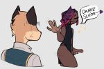  anthro bodily_fluids canid canine canis chibi daisuke_(jigrasmut) dialogue domestic_dog duo fox german german_text haibren human male male/male mammal remanedur sparkles speech_bubble sweat text wave 