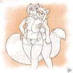  1:1 anthro areola big_breasts boob_smoosh bottomwear breast_grab breast_squish breasts canid canine clothed clothing cutoffs daisy_dukes denim denim_clothing digital_media_(artwork) drxii duo female fox fur hair hand_on_breast hi_res hotpants huge_breasts mammal nipples procyonid raccoon shorts simple_background smile squish suspenders tail 