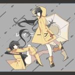  2girls absurdres bangs black_eyes black_hair black_shirt blunt_bangs boots clone dot_nose expressionless floating_hair grey_background hands_on_own_knees high_heel_boots high_heels highres holding holding_umbrella hood hood_down hood_up isshou_(1162713906) knee_up kneepits long_hair looking_at_viewer looking_back looking_to_the_side low_twintails multiple_girls no_panties osage_(inabakumori) outstretched_arms parted_lips rain raincoat rainy_boots_(vocaloid) rubber_boots shirt sleeves_past_fingers sleeves_past_wrists song_name twintails umbrella vocaloid water_drop yellow_footwear yellow_raincoat yellow_umbrella 