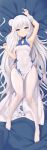  1girl absurdres alternate_costume arm_up armpits azur_lane bare_arms bare_shoulders blue_eyes breasts china_dress chinese_clothes cleavage_cutout clothing_cutout covered_navel dakimakura_(medium) double_bun dress feet frown hair_bun hand_up highres le_malin_(azur_lane) long_hair looking_at_viewer lying no_shoes on_back pantyhose parted_lips pelvic_curtain revision shenqi_(toid310) sleeveless sleeveless_dress small_breasts solo sparkling_eyes thighs toes very_long_hair white_dress white_hair white_pantyhose 