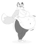  2022 abdominal_bulge anthro belly big_belly big_breasts blush bra breasts canid canine clothing dipstick_tail female fox fur hand_on_stomach hi_res looking_down mammal markings monochrome navel overweight overweight_female plantigrade rumbling_stomach smile solo sweatpants tail tail_markings thick_thighs titsunekitsune underwear vore zera_(titsunekitsune) 