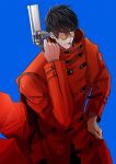  1boy absurdres black_hair blue_background coat cosplay gun hair_between_eyes highres holding holding_gun holding_weapon ishinome_ksk nicholas_d._wolfwood red_coat simple_background solo sunglasses tongue tongue_out trigun vash_the_stampede vash_the_stampede_(cosplay) weapon 