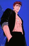  abs bekhoemi black_eyes black_jacket black_pants blue_background commentary_request cowboy_shot gakuran hands_in_pockets highres jacket korean_commentary looking_at_viewer open_clothes open_jacket pants pompadour red_hair sakuragi_hanamichi school_uniform short_hair slam_dunk_(series) sleeves_rolled_up twitter_username wire_fence 