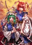  2girls absurdres asymmetrical_hair bangs breasts cloud frills gold_trim green_hair hair_bobbles hair_ornament hat height_difference highres holding holding_scythe kuya_(hey36253625) large_breasts light_particles medium_hair multiple_girls onozuka_komachi parted_lips red_eyes red_hair rod_of_remorse scythe serious shiki_eiki skirt touhou two_side_up v-shaped_eyebrows wide_sleeves 