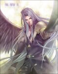  1boy aimio_nagi armor black_gloves black_jacket black_wings bracer buckle coat feathered_wings final_fantasy final_fantasy_vii foreshortening gloves green_eyes grey_hair holding holding_sword holding_weapon jacket katana long_coat long_hair male_focus open_clothes open_coat pauldrons sephiroth serious shoulder_armor single_wing sword weapon wings 