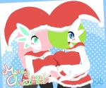  2021 big_breasts blue_eyes blush blush_stickers breast_squish breasts christmas christmas_clothing christmas_headwear clothing duo female friita gardevoir generation_3_pokemon gesture green_eyes green_hair hair hair_over_eye hand_heart hat headgear headwear hi_res holidays humanoid merry_christmas nintendo not_furry one_eye_obstructed pokemon pokemon_(species) red_eyes santa_hat signature smile smiling_at_viewer squish 