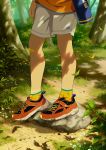  1boy bandaid bandaid_on_knee bandaid_on_leg bare_legs bug burr child close-up commentary commentary_request dappled_sunlight feet foot_focus legs lower_body male_child male_focus noeyebrow_(mauve) orange_shirt original outdoors red_footwear scenery shirt shorts socks solo standing summer sunlight yellow_socks 