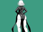  1girl absurdres amazon_(taitaitaira) ass ass_focus commentary dress feet_out_of_frame from_behind green_background greyscale_with_colored_background hands_on_hips highres huge_ass kneepits long_sleeves one-punch_man short_hair side_slit simple_background solo standing tatsumaki thighs 