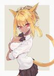  1girl animal_ears avatar_(ff14) bangs blonde_hair bow breasts cat_ears cat_tail cleavage crossed_arms dark-skinned_female dark_skin facial_mark fangs final_fantasy final_fantasy_xiv hair_bow highres hiyo_moo large_breasts long_hair looking_at_viewer miqo&#039;te pleated_skirt red_eyes shirt simple_background skirt smile solo tail two-tone_background white_shirt 