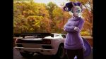  4:3 absurd_res autumn black_bars blue_eyeshadow bottomwear clothing comrade_shy crossed_arms equid equine eyeshadow eyewear female friendship_is_magic glasses hair hasbro hi_res horn makeup mammal my_little_pony pants purple_hair rarity_(mlp) round_glasses solo sports_car sweater topwear unicorn 