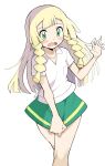  1girl artist_request bangs blonde_hair blunt_bangs blush braid breast_pocket collarbone collared_shirt cosplay eyelashes green_eyes green_skirt hand_up highres knees lass_(pokemon) lass_(pokemon)_(cosplay) lillie_(pokemon) long_hair open_mouth pocket pokemon pokemon_(anime) pokemon_sm_(anime) shirt short_sleeves simple_background skirt solo tongue twin_braids white_background white_shirt 