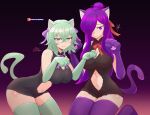 2girls absurdres animal_ears animal_hands breasts byleth_(female)_(fire_emblem) byleth_(fire_emblem) cat_ears cat_tail cleavage clothing_cutout enlightened_byleth_(female) fire_emblem fire_emblem:_three_houses fire_emblem_warriors:_three_hopes gloves green_hair hair_bun hair_over_one_eye highres leotard looking_at_viewer multiple_girls navel_cutout paw_gloves paw_pose purple_hair raydango shez_(female)_(fire_emblem) shez_(fire_emblem) single_hair_bun tail thighhighs 
