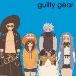  1girl 3boys album_cover_redraw androgyne_symbol aqua_eyes bike_shorts bike_shorts_under_skirt black_headwear black_jacket blonde_hair blue_background bridget_(guilty_gear) brown_eyes brown_gloves brown_hair chipp_zanuff derivative_work earrings fingerless_gloves gloves grey_hair guilty_gear guilty_gear_strive guilty_gear_xx habit highres hood hood_up hooded_jacket hoodie jacket jewelry johnny_(guilty_gear) long_hair looking_at_viewer may_(guilty_gear) medium_hair mil17459623 multiple_boys open_clothes open_hoodie orange_headwear orange_hoodie otoko_no_ko puffy_sleeves red_eyes short_hair skull_and_crossbones stud_earrings sunglasses weezer_(band) 