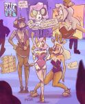  anthro bbravaa big_breasts breasts bunny_costume cleavage clothed clothing colored comic costume deer dialogue fake_ears fake_rabbit_ears felid feline female group hair hi_res horn kimmy_(bbravaa) mammal nervous phoebe_(bbravaa) pink_hair polly_(bbravaa) speech_bubble spots spotted_body tail trio 