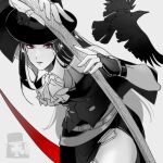  1other 3_sa_sa absurdres androgynous ascot bird black_hair black_headwear blood crow fingerless_gloves gloves guilty_gear guilty_gear_strive hat highres holding holding_weapon long_hair looking_at_viewer other_focus parted_lips red_eyes scythe testament_(guilty_gear) top_hat weapon white_ascot 