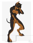  anthro anthro-claw_(artist) black_body black_fur black_hair blue_eyes bodily_fluids breasts brown_body brown_fur canid canine canis claws clothed clothing clothing_aside dobermann domestic_dog dripping female fur genital_fluids hair hair_over_eye hand_over_eye hi_res in_heat looking_at_viewer mammal mostly_nude muscular muscular_anthro muscular_female nipples one_eye_obstructed panties panties_aside panties_only pinscher pussy_juice pussy_juice_drip solo standing topless underwear underwear_aside underwear_only 