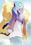  1boy 3_sa_sa adjusting_hair androgynous blue_eyes blue_hair blue_scarf grusha_(pokemon) highres jacket light_blue_hair long_hair long_sleeves looking_to_the_side otoko_no_ko pokemon pokemon_(game) pokemon_sv puffy_long_sleeves puffy_sleeves scarf scarf_over_mouth striped striped_scarf two-tone_scarf yellow_jacket 