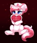 &lt;3 absurd_res blue_eyes blush clothing confetticakez earth_pony english_text equid equine female friendship_is_magic hair hasbro hat headgear headwear hi_res horse mammal my_little_pony nurse_clothing nurse_hat nurse_headwear nurse_redheart_(mlp) pink_hair pony red_background red_theme simple_background sitting solo text 