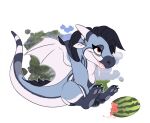  blue_body chibi digital_media_(artwork) dragon eating fatxolotl female feral food food_in_mouth fruit hair mane melon mira_(oxurus) plant simple_background sitting solo tail watermelon white_body wings 