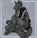  animal_genitalia anthro anus balls braille_text butt canid canine canis claws clothing digital_media_(artwork) genitals hi_res iveraks_(iveraks) male mammal paws poncho sheath simple_background sitting smile smirk solo spread_butt spreading syn-6 text wolf 