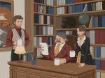  1girl 23011620x 2boys ace_attorney asymmetrical_bangs bangs beard black_jacket book bookshelf brown_hair collared_shirt cup desk_lamp diego_armando earrings facial_hair formal glasses highres holding holding_cup holding_paper indoors jacket jewelry lamp long_hair long_sleeves magatama marvin_grossberg mia_fey mole mole_under_mouth mug multiple_boys necktie on_chair painting_(object) pants paper phoenix_wright:_ace_attorney_-_trials_and_tribulations picture_frame scarf shirt short_hair sitting skirt skirt_suit smile standing statue suit table white_shirt yellow_necktie yellow_scarf 