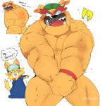  anthro butt canid canine canis clothing dialogue domestic_cat domestic_dog dribble_(warioware) duo eyebrows felid feline felis fur hat hat_only headgear headgear_only headwear headwear_only hi_res hyaku_(artist) male mammal mostly_nude nintendo orange_body orange_fur simple_background spitz_(warioware) surprise thick_eyebrows warioware 