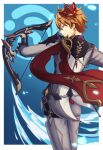  1boy absurdres ahoge ass bangs black_gloves blue_background blue_eyes bow_(weapon) brown_hair closed_mouth from_behind genshin_impact gloves grey_jacket grey_pants hair_between_eyes highres holding holding_bow_(weapon) holding_weapon hydrokinesis jacket k-fami_271617 long_sleeves male_focus mask mask_on_head pants profile smile solo tartaglia_(genshin_impact) water weapon 