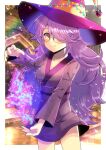  1girl bangs blurry blurry_background blush breasts brown_eyes closed_mouth collarbone commentary_request commission depth_of_field dress glasses hair_over_one_eye hat kou_hiyoyo long_sleeves looking_at_viewer magic medium_breasts original pink_hair purple_dress purple_headwear skeb_commission smile solo wide_sleeves witch_hat 