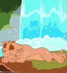  2022 disney eyes_closed felid female feral fuf fur hi_res lion mammal outside pantherine pink_nose solo tan_body tan_fur the_lion_king waterfall 