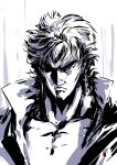  1boy closed_mouth frown greyscale harymachinegun hokuto_no_ken jacket kenshiro monochrome muscular muscular_male simple_background solo upper_body white_background 