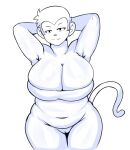  absurd_res anthro big_breasts black_eyes bottomless breasts cleavage cleavage_overflow clothed clothing eyelashes female genitals hands_behind_head haplorhine hi_res huge_breasts mammal monkey narrowed_eyes navel primate pussy simoncross simple_background slightly_chubby smile solo thick_thighs white_background wide_hips 