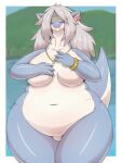  4_fingers anthro biped blue_body border bracelet breasts detailed_background dialogue dragon eyes_closed fangs female fingers hair hi_res jewelry navel necklace silver_hair slightly_chubby slightly_chubby_female solo speech_bubble teeth thick_thighs tomochan white_body white_border 