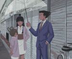  1boy 23011620x 2girls ace_attorney arms_behind_back bangs bicycle black_hair blue_jacket blue_pants blunt_bangs brown_hair closed_mouth collared_shirt formal ground_vehicle hair_ornament hair_rings hand_in_pocket hanten_(clothes) holding holding_umbrella jacket japanese_clothes jewelry kimono long_hair long_sleeves looking_at_another magatama maya_fey multiple_girls necklace necktie obi outdoors pants parted_bangs pearl_fey phoenix_wright purple_jacket red_necktie sash shirt short_hair short_kimono sidelocks spiked_hair standing suit umbrella white_shirt 