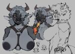  anthro anthrofied areola big_breasts bovid bovine breasts drinking ear_piercing ear_ring elden_ring female flask fromsoftware front_view fur goonie-san grey_body grey_fur grey_hair hair hair_over_eye harness hi_res horn huge_breasts inverted_nipples looking_at_viewer mammal nipples nude one_eye_obstructed piercing potion ring_piercing side_view smile solo tongue tongue_out torrent_(elden_ring) 