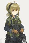  1girl ahoge blonde_hair blue_jacket blue_pants brown_gloves closed_mouth cuffs dated eotech gloves gun hair_between_eyes handcuffs handgun headset helmet highres holding holding_gun holding_weapon holstered_weapon jacket light_frown load_bearing_vest looking_at_viewer magazine_(weapon) mifune_(_mifune_707) original pants police police_uniform policewoman short_hair sidelocks simple_background solo submachine_gun tactical_clothes trigger_discipline twitter_username uniform v-shaped_eyebrows walkie-talkie weapon weapon_request yellow_eyes 