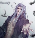  1boy aimio_nagi bangs bare_pectorals black_feathers black_shirt clothes collared_shirt feathers final_fantasy final_fantasy_vii foreshortening green_eyes grey_hair long_bangs long_hair male_focus navel open_clothes open_shirt outstretched_hand pectorals sephiroth shirt 