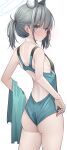  1girl absurdres adjusting_clothes animal_ear_fluff animal_ears aqua_eyes armpit_crease ass bangs bare_legs bare_shoulders blue_archive blush closed_mouth extra_ears from_behind halo highres kawai_ritsu_(rits_meg) looking_at_viewer medium_hair mismatched_pupils multicolored_clothes multicolored_swimsuit official_alternate_costume one-piece_swimsuit ponytail shiroko_(blue_archive) shiroko_(swimsuit)_(blue_archive) sidelocks simple_background solo swimsuit towel white_background wolf_ears 