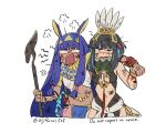  2girls anger_vein animal_ears asaya_minoru black_hair blue_hair breasts egyptian egyptian_clothes english_text facepaint fate/grand_order fate_(series) grey_eyes holding holding_staff jackal_ears long_hair medium_breasts multicolored_hair multiple_girls navel nitocris_(fate) purple_hair simple_background staff streaked_hair tenochtitlan_(fate) twitter_username usekh_collar v-shaped_eyebrows very_long_hair white_background 